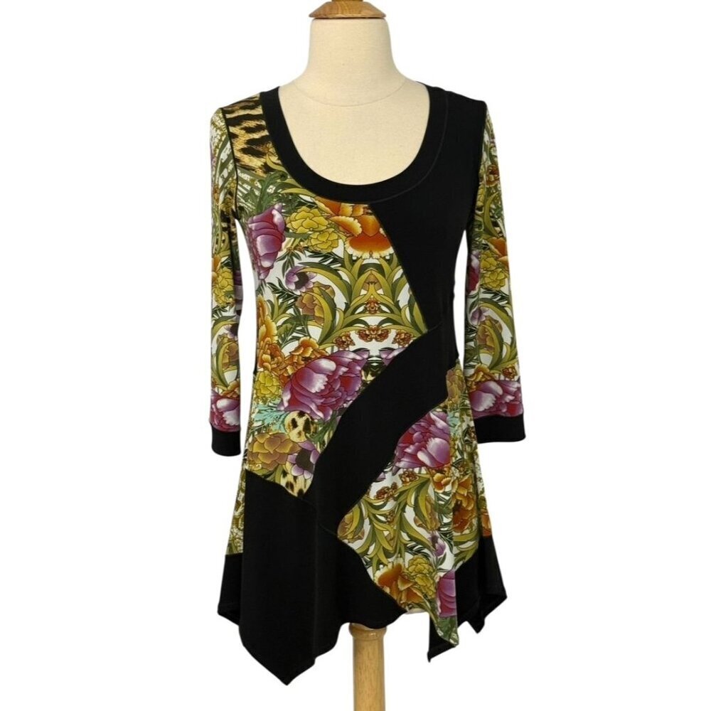 Eva Varro Tunic Top Asymmetric Slinky Knit Colorful Floral Stretch Swing Size XS